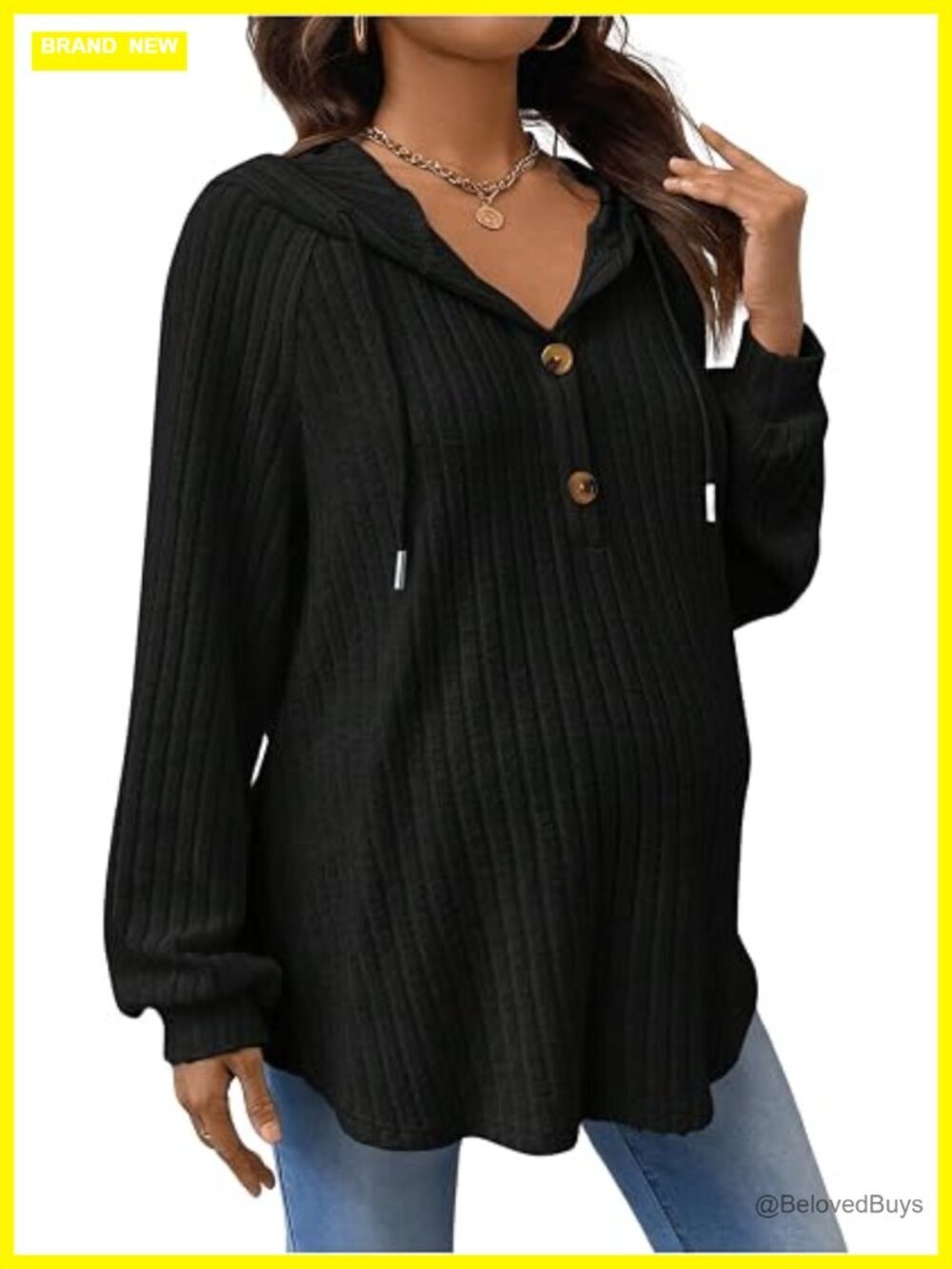Knitted Maternity Sweatshirt Hoodie with Drawstring Button Front Long Sleeve